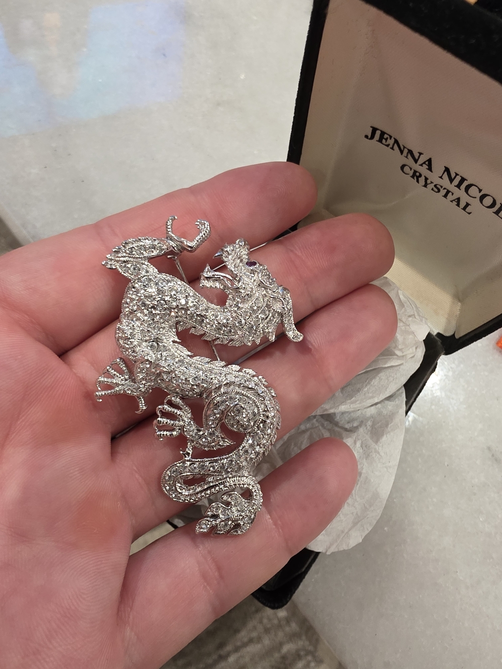 Crystal Silver Dragon Brooch
